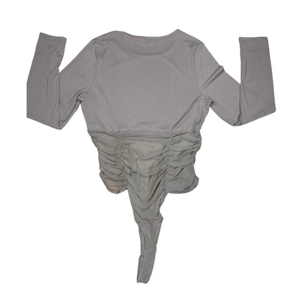Women’s Long Sleeve Ruched Mesh BODYSUIT Beige Size Large - Picture 4 of 5